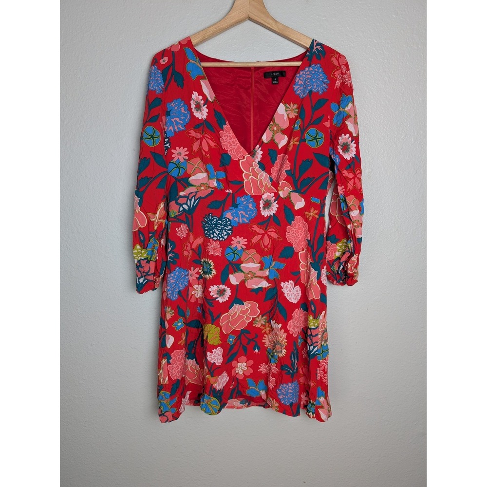 J.CREW Dress Womens 8 Red Short Wrap Dress Floral Balloon Sleeve Lined